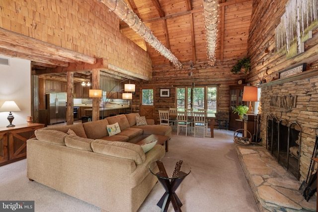 carpeted living room featuring a fireplace, high vaulted ceiling, wood ceiling, beamed ceiling, and log walls