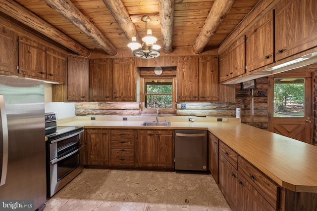 kitchen with light countertops, stainless steel appliances, a sink, and wood ceiling