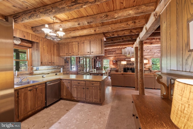 kitchen featuring stainless steel dishwasher, a peninsula, brown cabinets, wooden ceiling, and a sink