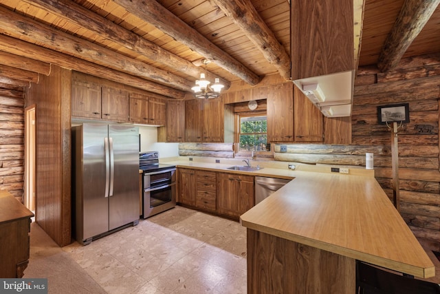 kitchen featuring appliances with stainless steel finishes, beam ceiling, rustic walls, and wooden ceiling