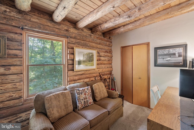 carpeted living room featuring beamed ceiling, wooden ceiling, and log walls