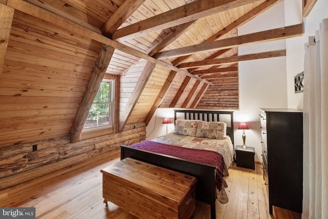 bedroom featuring wooden ceiling, vaulted ceiling with beams, and light wood-style flooring