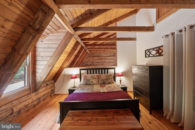 bedroom featuring vaulted ceiling with beams, light wood-style flooring, and wooden ceiling