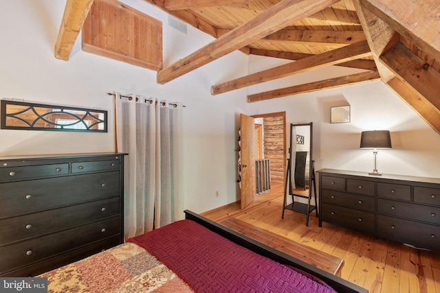 bedroom with wood-type flooring, wood ceiling, and vaulted ceiling with beams