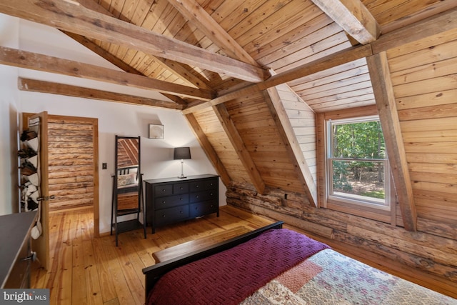 bedroom with wood ceiling, lofted ceiling with beams, and wood-type flooring