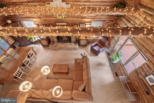 unfurnished living room with rustic walls