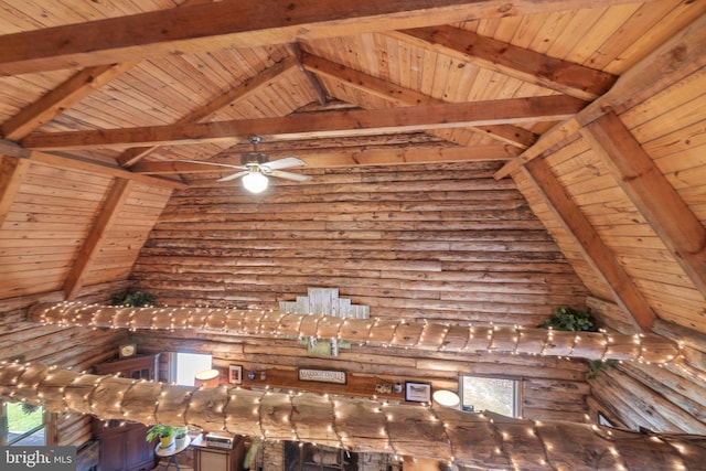 interior space featuring wood ceiling, vaulted ceiling with beams, and a ceiling fan