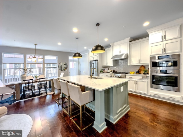 kitchen featuring tasteful backsplash, under cabinet range hood, a breakfast bar, stainless steel appliances, and an island with sink