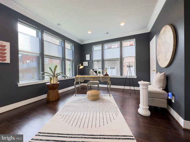office space featuring baseboards, ornamental molding, wood finished floors, and recessed lighting