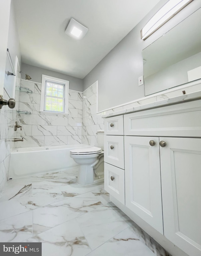 full bath with wainscoting, shower / washtub combination, vanity, toilet, and marble finish floor