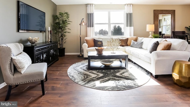 living room with baseboards and dark wood-style floors