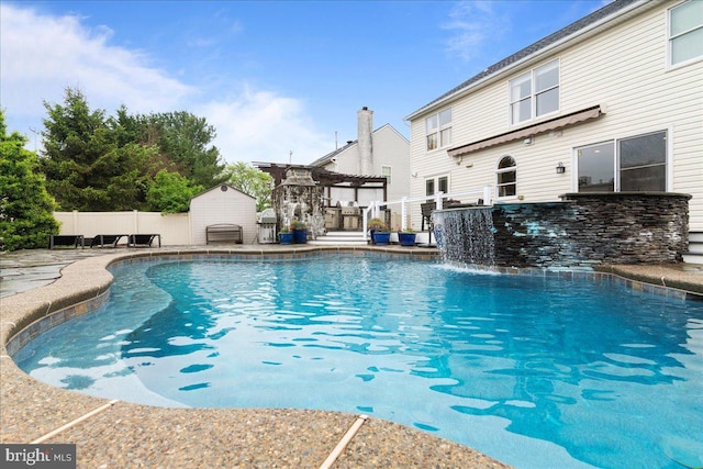 view of swimming pool with a pergola and fence