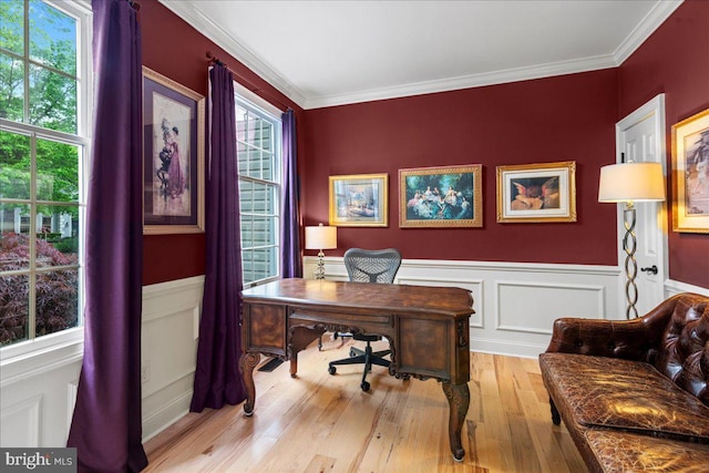 office area with wood finished floors, wainscoting, healthy amount of natural light, ornamental molding, and a decorative wall