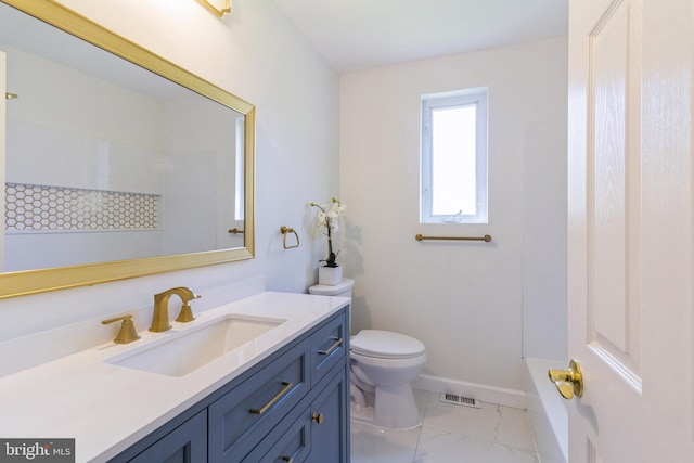 full bathroom with visible vents, vanity, marble finish floor, a shower, and toilet