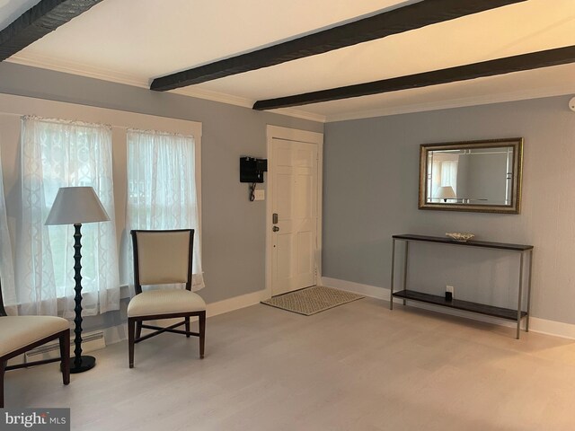 3 Talbot Ave, Cambridge, MD 21613 - entrance foyer with beamed ceiling, plenty of natural light, baseboards, ornamental molding, and baseboard heating
