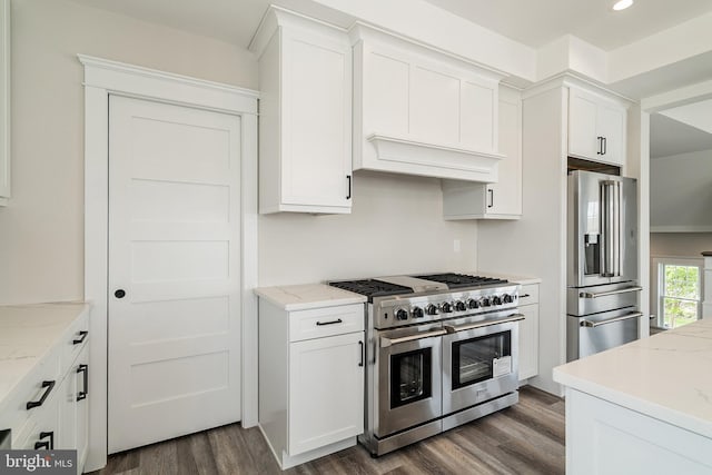 339 11th, Ship Bottom, NJ 08008 - kitchen with premium appliances, dark wood-type flooring, white cabinetry, light stone countertops, and recessed lighting