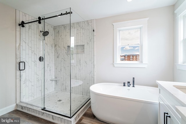 339 11th, Ship Bottom, NJ 08008 - bathroom with wood finished floors, a freestanding tub, a shower stall, vanity, and baseboards