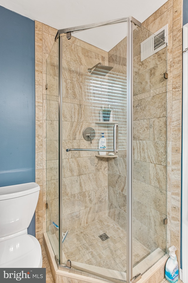bathroom with toilet and a stall shower
