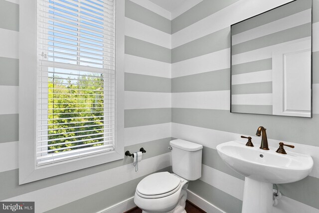 half bath with a sink, toilet, wood finished floors, and a wealth of natural light
