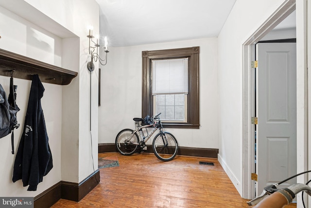 interior space with baseboards, visible vents, and hardwood / wood-style floors