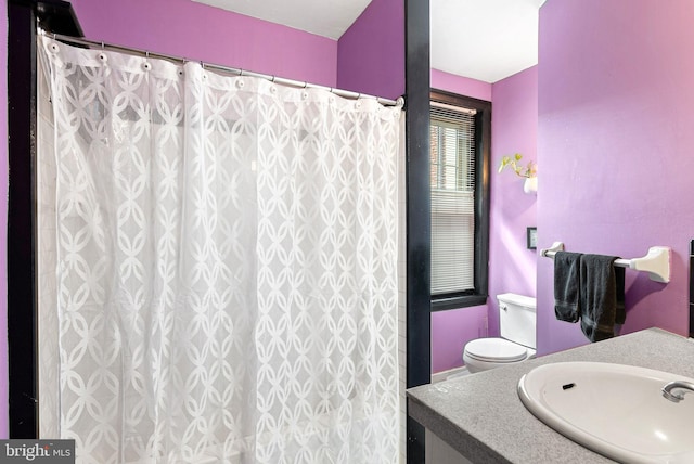 full bathroom with vanity, toilet, and curtained shower