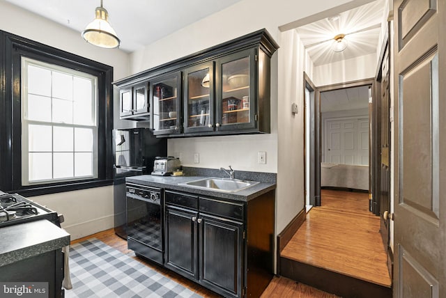 kitchen with a sink, dark cabinets, light wood-style flooring, baseboards, and black appliances