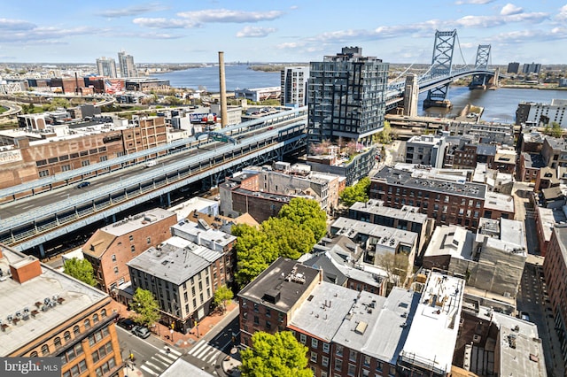 aerial view with a view of city and a water view
