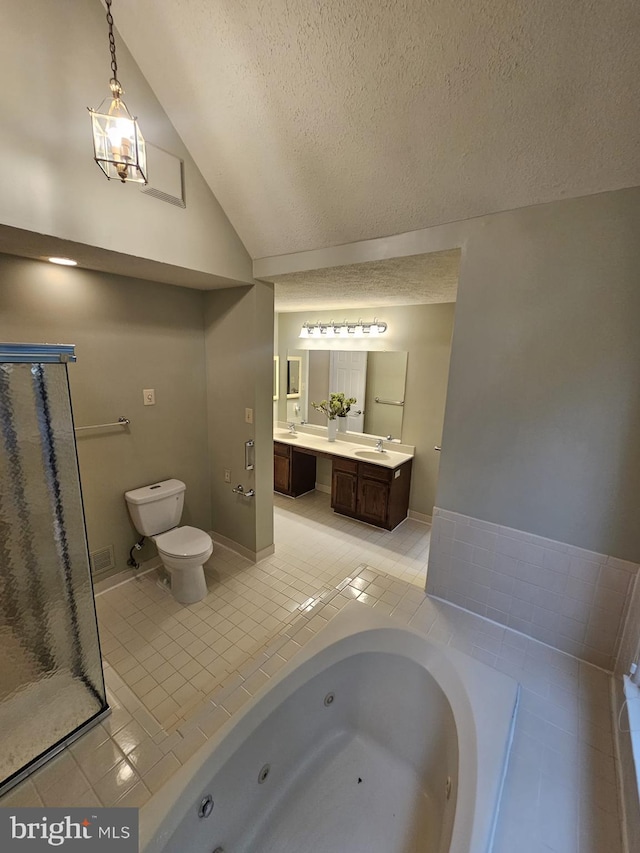 303 Saybrooke View Dr, Gaithersburg, MD 20877 - bathroom with tile patterned flooring, double vanity, a whirlpool tub, a textured ceiling, and a shower stall