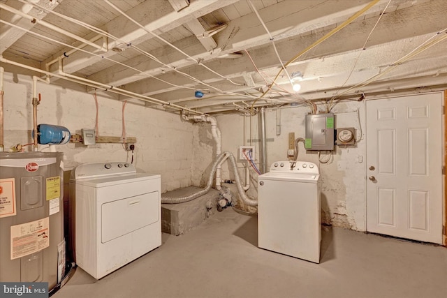 laundry room featuring electric water heater, laundry area, washer and clothes dryer, and electric panel