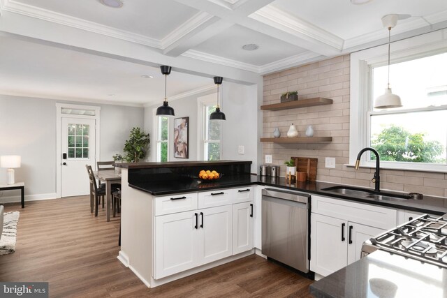 1119 Overbrook Rd, Baltimore, MD 21239 - kitchen featuring dishwasher, a sink, backsplash, dark wood-style floors, and a peninsula