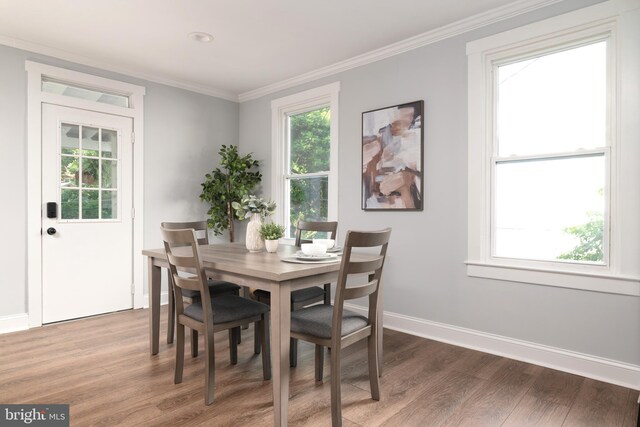 1119 Overbrook Rd, Baltimore, MD 21239 - dining room featuring wood finished floors, healthy amount of natural light, baseboards, and crown molding