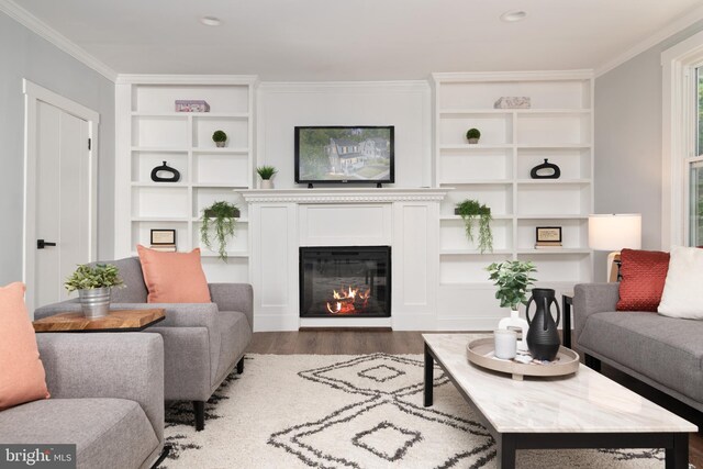 1119 Overbrook Rd, Baltimore, MD 21239 - living area with wood finished floors, built in shelves, a glass covered fireplace, and ornamental molding