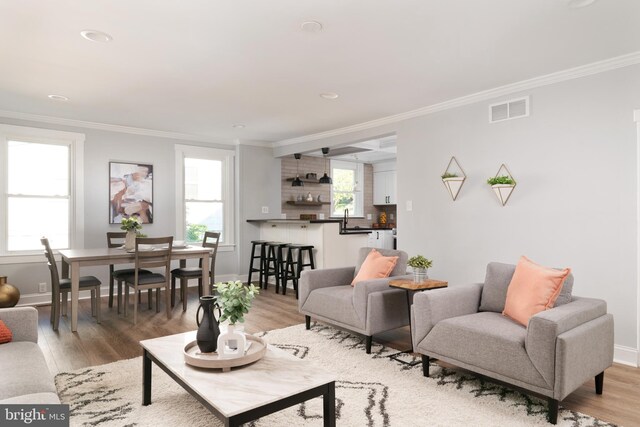 1119 Overbrook Rd, Baltimore, MD 21239 - living area featuring crown molding, light wood-type flooring, baseboards, and recessed lighting