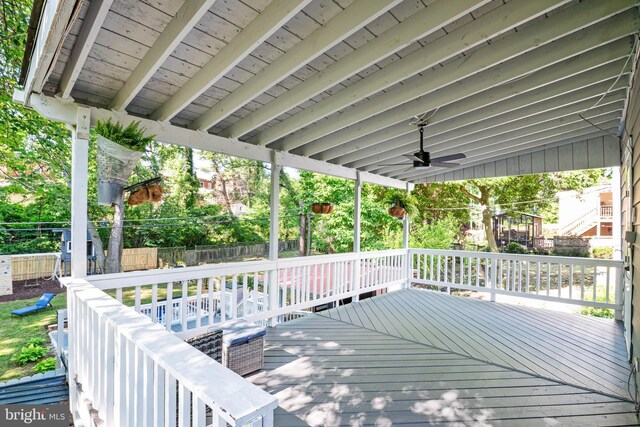 1119 Overbrook Rd, Baltimore, MD 21239 - wooden terrace with a fenced backyard and a ceiling fan