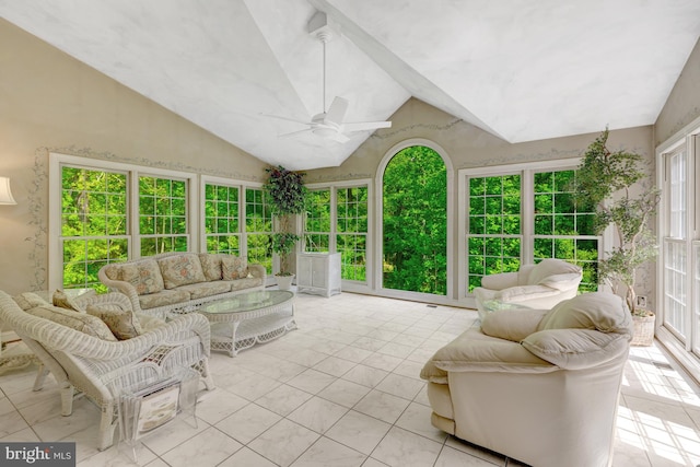 sunroom / solarium with an outdoor hangout area, a ceiling fan, and french doors