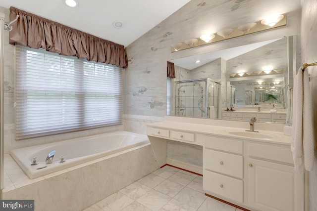 full bath featuring vanity, wallpapered walls, a bath, a shower stall, and vaulted ceiling