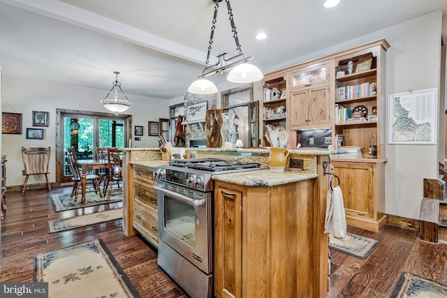 kitchen featuring open shelves, stainless steel gas stove, dark wood-style flooring, a center island, and hanging light fixtures