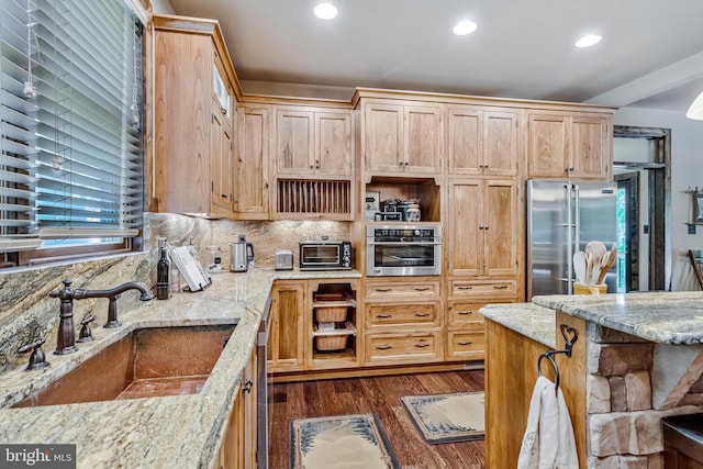kitchen featuring a sink, open shelves, dark wood-style flooring, appliances with stainless steel finishes, and recessed lighting