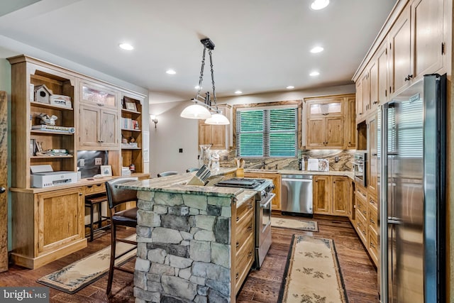 kitchen featuring recessed lighting, a center island, dark wood-style flooring, open shelves, and appliances with stainless steel finishes