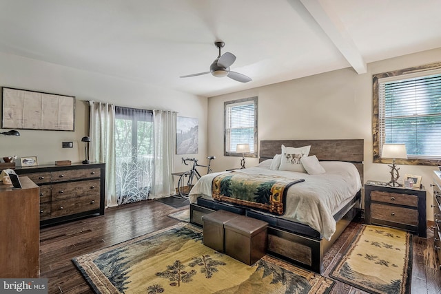 bedroom featuring a ceiling fan, beamed ceiling, and hardwood / wood-style floors