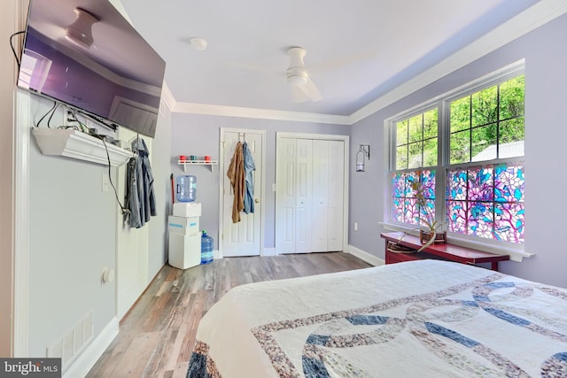 bedroom with ceiling fan, visible vents, wood finished floors, baseboards, and two closets