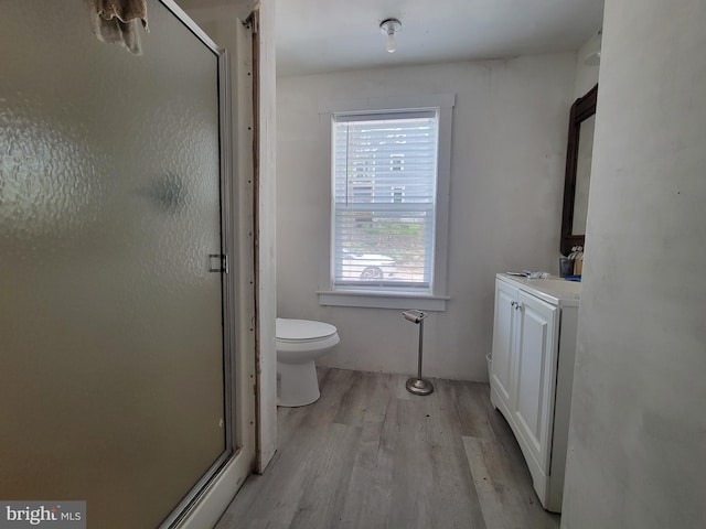 bathroom with vanity, a stall shower, toilet, and wood finished floors