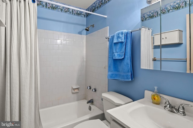 full bath with toilet, shower / bath combination with curtain, and vanity