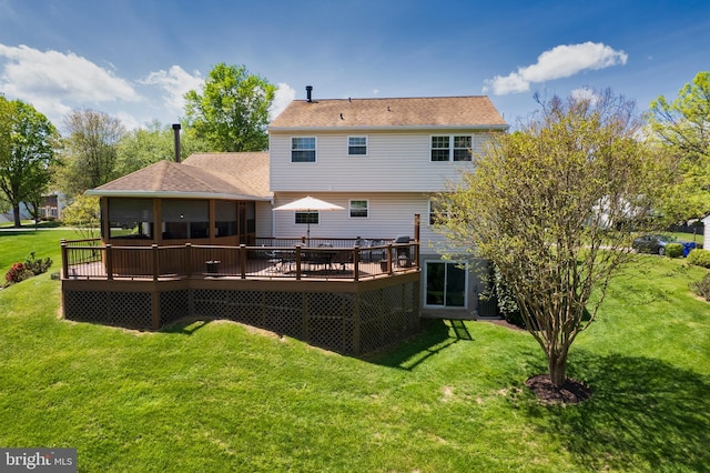 rear view of house with a sunroom, central AC unit, a yard, and a deck