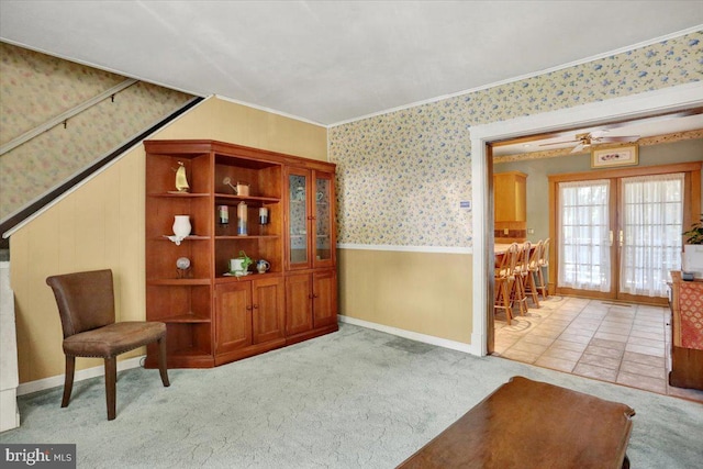 3401 Eisenbrown Rd, Reading, PA 19605 - living area with a ceiling fan, wainscoting, ornamental molding, carpet, and wallpapered walls