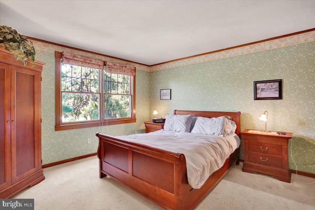 3401 Eisenbrown Rd, Reading, PA 19605 - bedroom featuring light colored carpet, baseboards, crown molding, and wallpapered walls