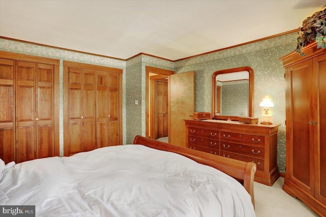 3401 Eisenbrown Rd, Reading, PA 19605 - bedroom with crown molding, wallpapered walls, light carpet, and two closets