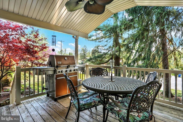 3401 Eisenbrown Rd, Reading, PA 19605 - wooden terrace featuring outdoor dining area, ceiling fan, and a grill