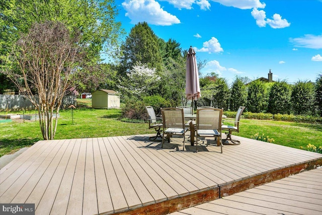 3401 Eisenbrown Rd, Reading, PA 19605 - wooden terrace featuring a yard, an outbuilding, a shed, and outdoor dining space