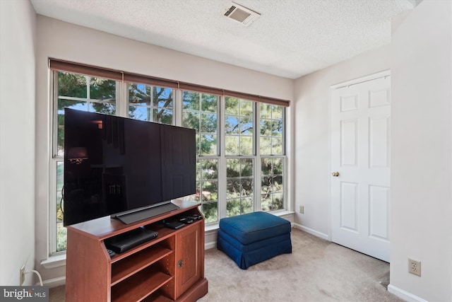 12116 Greenway Ct Unit 302, Fairfax, VA 22033 - sitting room with baseboards, light colored carpet, a textured ceiling, and visible vents